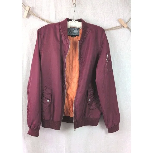 Brooklyn Cloth Mens Bomber Jacket Burgundy Maroon Quilted Orange Lining Large - Picture 2 of 16